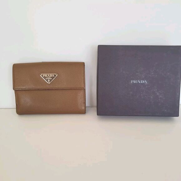 PRADA Leather Logo Wallet Small Bifold Brown Saffiano Compact Card Bill Coin - Picture 1 of 16